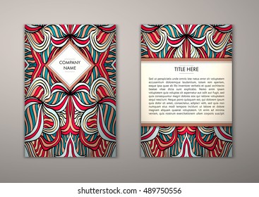 Flyer template with abstract ornament pattern. Vector greeting card design. Front page and back page.