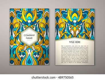 Flyer template with abstract ornament pattern. Vector greeting card design. Front page and back page.