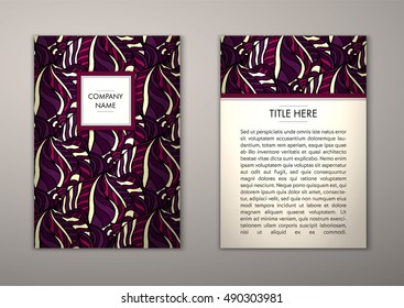 Flyer template with abstract ornament pattern. Vector greeting card design. Front page and back page.