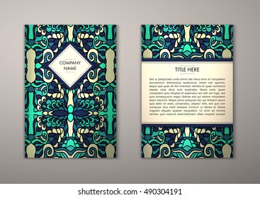 Flyer template with abstract ornament pattern. Vector greeting card design. Front page and back page.