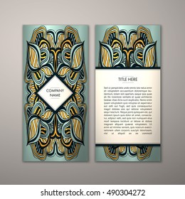Flyer template with abstract ornament pattern. Vector greeting card design. Front page and back page.