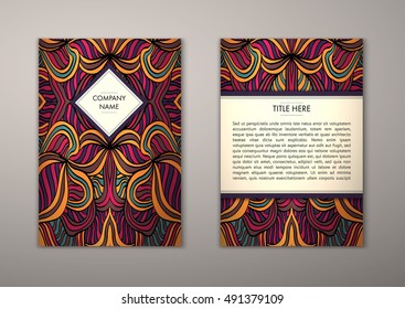 Flyer template with abstract ornament pattern. Vector greeting card design. Front page and back page.