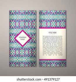 Flyer template with abstract ornament pattern. Vector greeting card design. Front page and back page.
