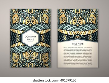 Flyer template with abstract ornament pattern. Vector greeting card design. Front page and back page.