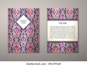 Flyer template with abstract ornament pattern. Vector greeting card design. Front page and back page.