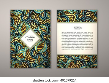 Flyer template with abstract ornament pattern. Vector greeting card design. Front page and back page.
