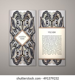 Flyer template with abstract ornament pattern. Vector greeting card design. Front page and back page.