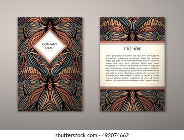 Flyer template with abstract ornament pattern. Vector greeting card design. Front page and back page.