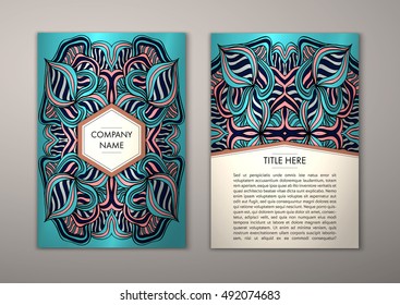 Flyer template with abstract ornament pattern. Vector greeting card design. Front page and back page.