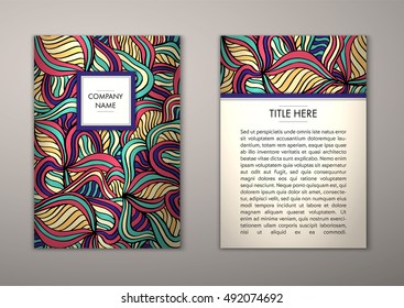 Flyer template with abstract ornament pattern. Vector greeting card design. Front page and back page.