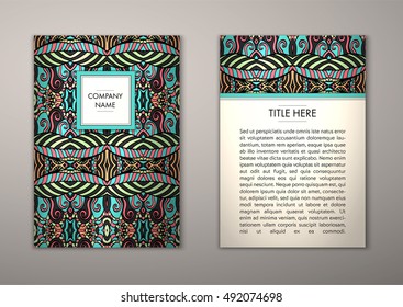 Flyer template with abstract ornament pattern. Vector greeting card design. Front page and back page.