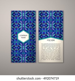 Flyer template with abstract ornament pattern. Vector greeting card design. Front page and back page.