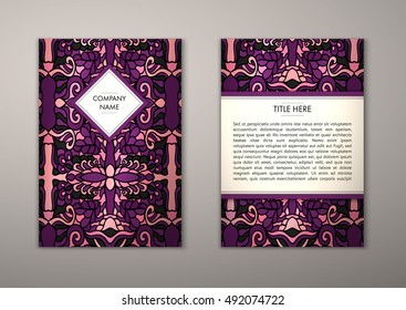 Flyer template with abstract ornament pattern. Vector greeting card design. Front page and back page.