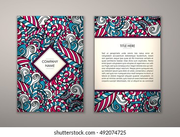 Flyer template with abstract ornament pattern. Vector greeting card design. Front page and back page.
