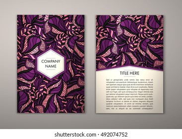 Flyer template with abstract ornament pattern. Vector greeting card design. Front page and back page.