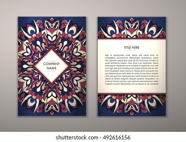 Flyer template with abstract ornament pattern. Vector greeting card design. Front page and back page.
