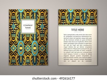 Flyer template with abstract ornament pattern. Vector greeting card design. Front page and back page.