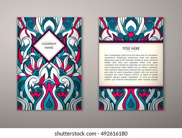 Flyer template with abstract ornament pattern. Vector greeting card design. Front page and back page.