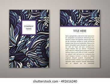 Flyer template with abstract ornament pattern. Vector greeting card design. Front page and back page.