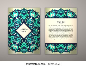 Flyer template with abstract ornament pattern. Vector greeting card design. Front page and back page.
