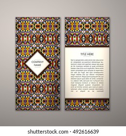 Flyer template with abstract ornament pattern. Vector greeting card design. Front page and back page.