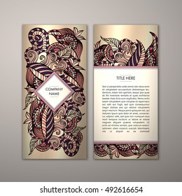 Flyer template with abstract ornament pattern. Vector greeting card design. Front page and back page.
