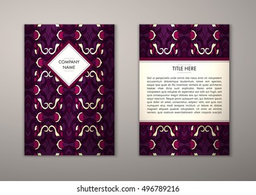 Flyer template with abstract ornament pattern. Vector greeting card design. Front page and back page.