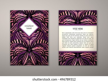 Flyer template with abstract ornament pattern. Vector greeting card design. Front page and back page.