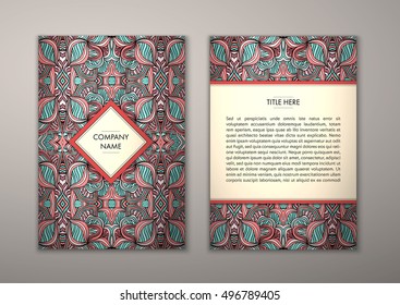 Flyer template with abstract ornament pattern. Vector greeting card design. Front page and back page.