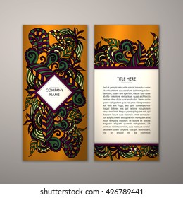Flyer template with abstract ornament pattern. Vector greeting card design. Front page and back page.