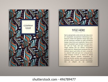 Flyer template with abstract ornament pattern. Vector greeting card design. Front page and back page.