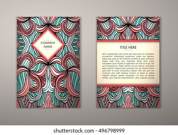 Flyer template with abstract ornament pattern. Vector greeting card design. Front page and back page.