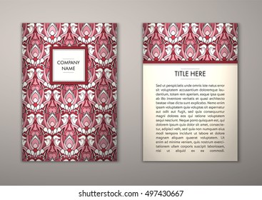 Flyer template with abstract ornament pattern. Vector greeting card design. Front page and back page.