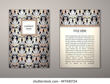 Flyer template with abstract ornament pattern. Vector greeting card design. Front page and back page.