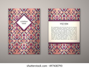 Flyer template with abstract ornament pattern. Vector greeting card design. Front page and back page.