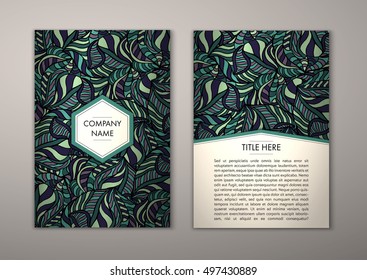 Flyer template with abstract ornament pattern. Vector greeting card design. Front page and back page.