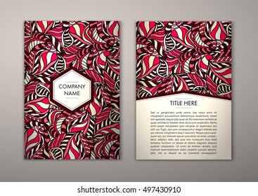Flyer template with abstract ornament pattern. Vector greeting card design. Front page and back page.