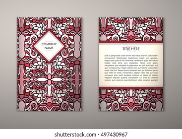 Flyer template with abstract ornament pattern. Vector greeting card design. Front page and back page.