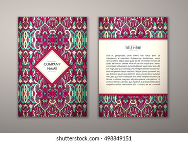 Flyer template with abstract ornament pattern. Vector greeting card design. Front page and back page.
