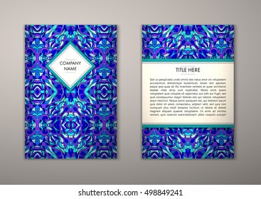 Flyer template with abstract ornament pattern. Vector greeting card design. Front page and back page.