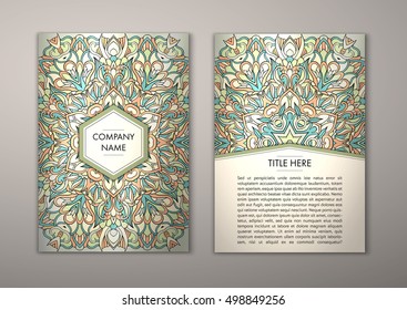 Flyer template with abstract ornament pattern. Vector greeting card design. Front page and back page.