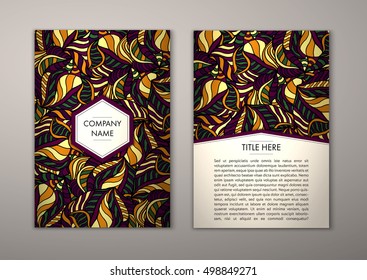 Flyer template with abstract ornament pattern. Vector greeting card design. Front page and back page.