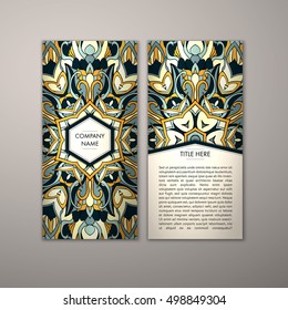 Flyer template with abstract ornament pattern. Vector greeting card design. Front page and back page.
