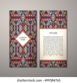 Flyer template with abstract ornament pattern. Vector greeting card design. Front page and back page.