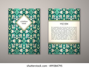 Flyer template with abstract ornament pattern. Vector greeting card design. Front page and back page.