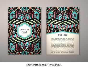 Flyer template with abstract ornament pattern. Vector greeting card design. Front page and back page.