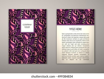 Flyer template with abstract ornament pattern. Vector greeting card design. Front page and back page.