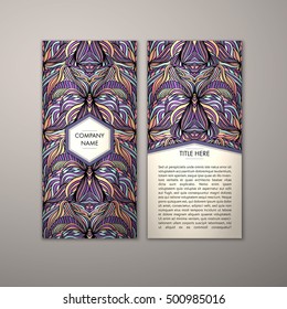 Flyer template with abstract ornament pattern. Vector greeting card design. Front page and back page.