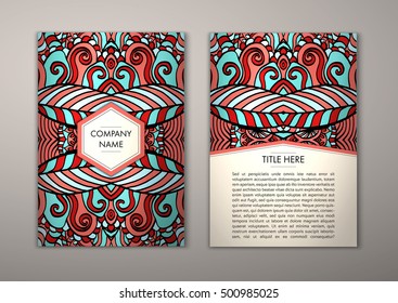 Flyer template with abstract ornament pattern. Vector greeting card design. Front page and back page.