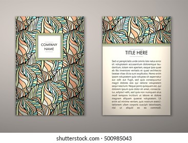Flyer template with abstract ornament pattern. Vector greeting card design. Front page and back page.